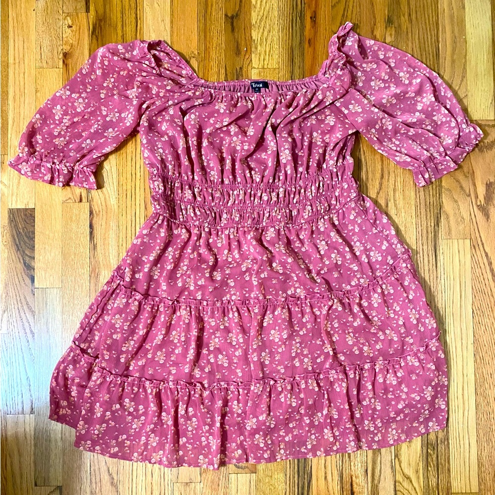Trixxi Floral Smocked Tiered Puff Sleeve Short Dress Pink Ruffle Square Neck 2XL